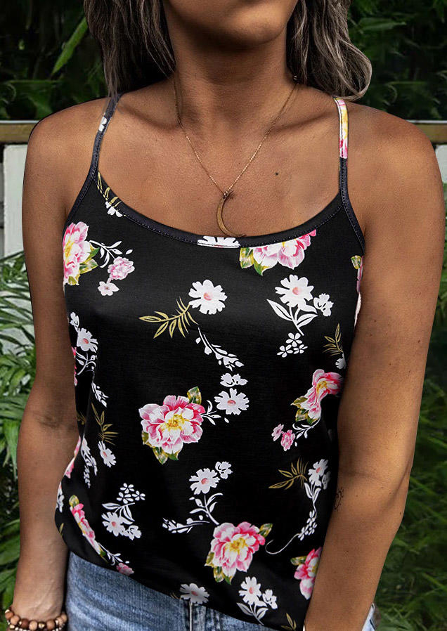 

Floral Open Back Hollow Out Casual Camisole - Black, 504341