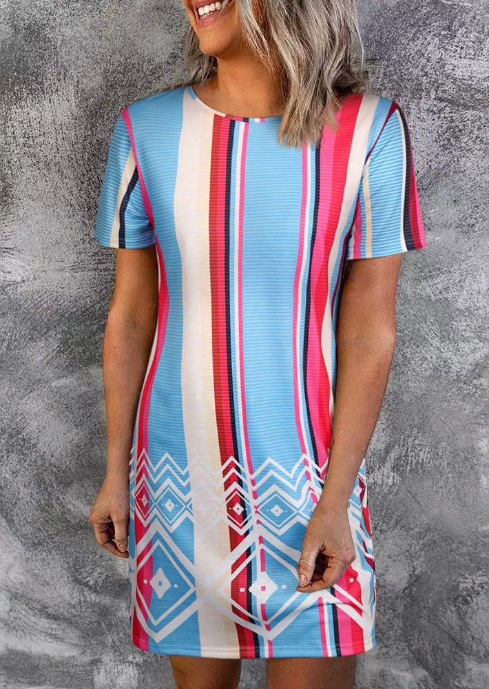 Colorful Striped Geometric O-Neck Mini Dress