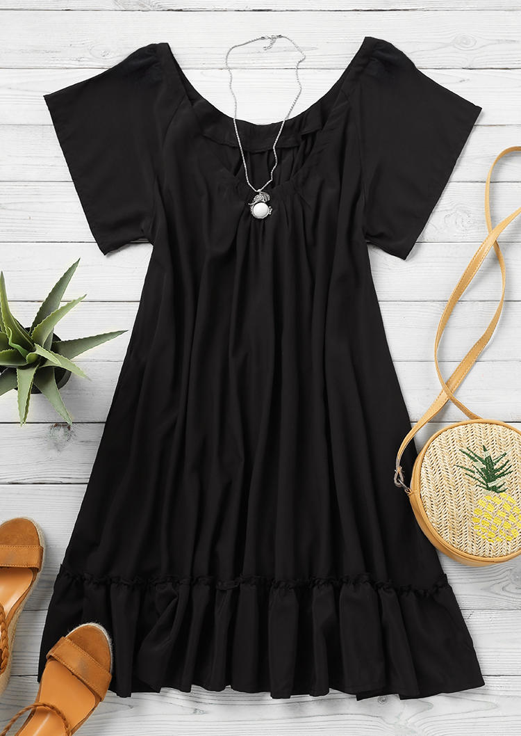 Ruffled Short Sleeve Mini Dress - Black