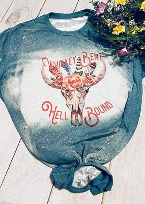 

Steer Skull Floral Bleached T-Shirt Tee - Cyan, 510347