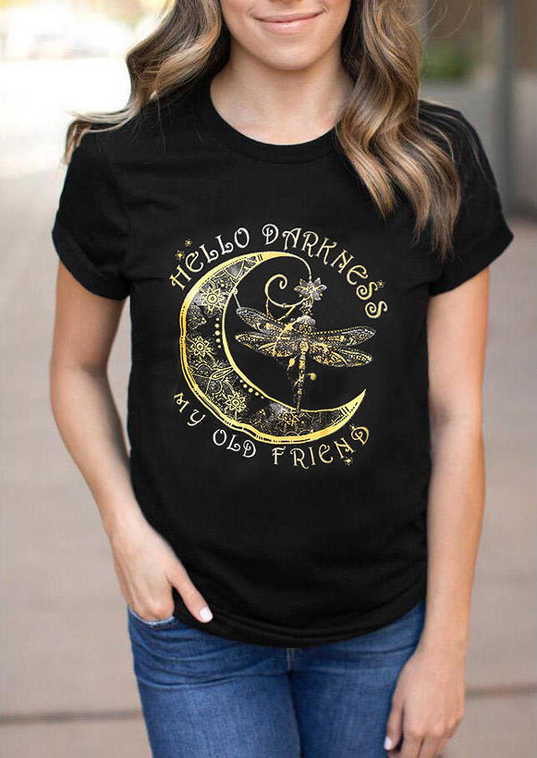 

Hello Darkness My Old Friend Dragonfly Moon Sun T-Shirt Tee - Black, 510397
