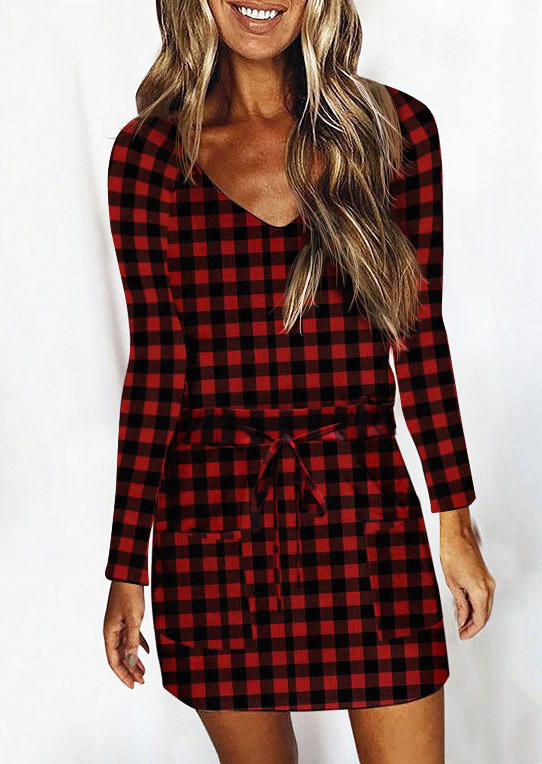 

Buffalo Plaid Pocket Drawstring Long Sleeve Mini Dress, 510421