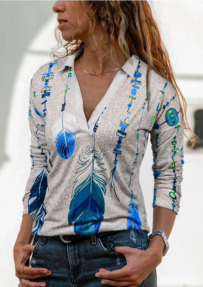 

Leaf Long Sleeve Turn-Down Collar Blouse, Multicolor, 510525