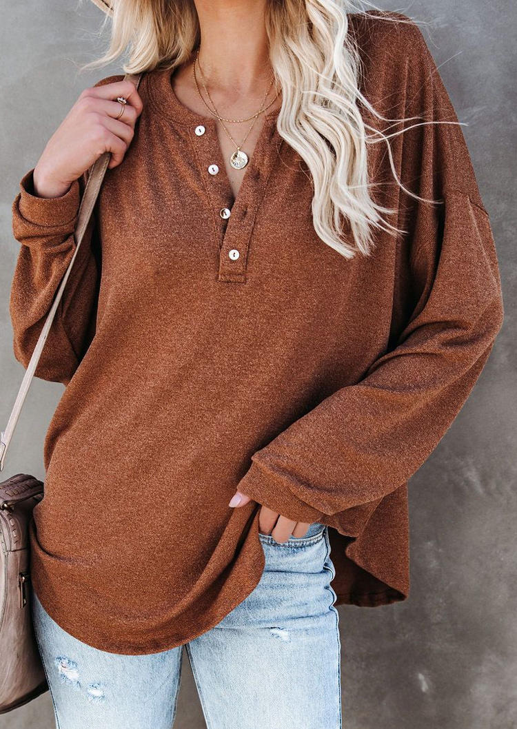 Button Long Sleeve Blouse - Brown, 510549
