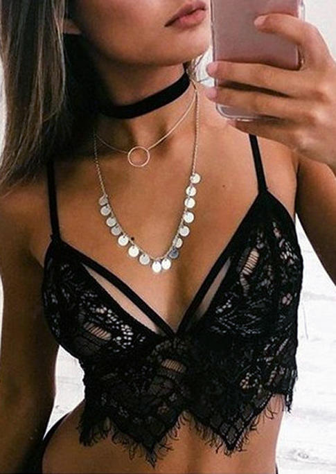 

Lace Floral Hollow Out Adjustable Spaghetti Strap Crop Top - Black, 510565