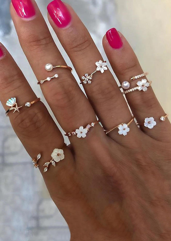 

9Pcs Floral Rhinestone Pearl Open Adjustable Alloy Ring Set - Gold, 510592