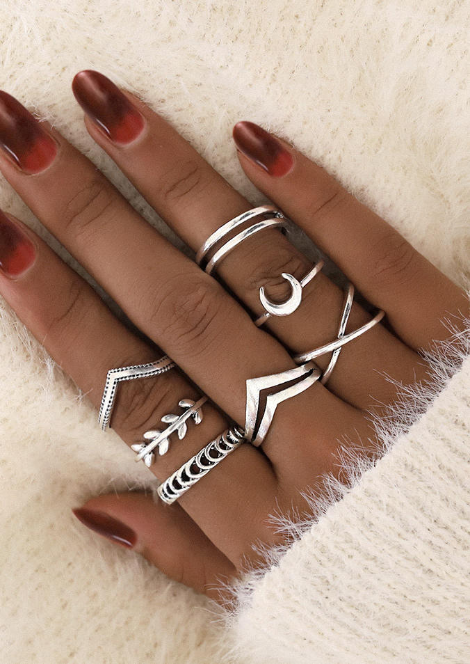 

7Pcs Vintage Leaf Moon Alloy Ring Set, Silver, 510594