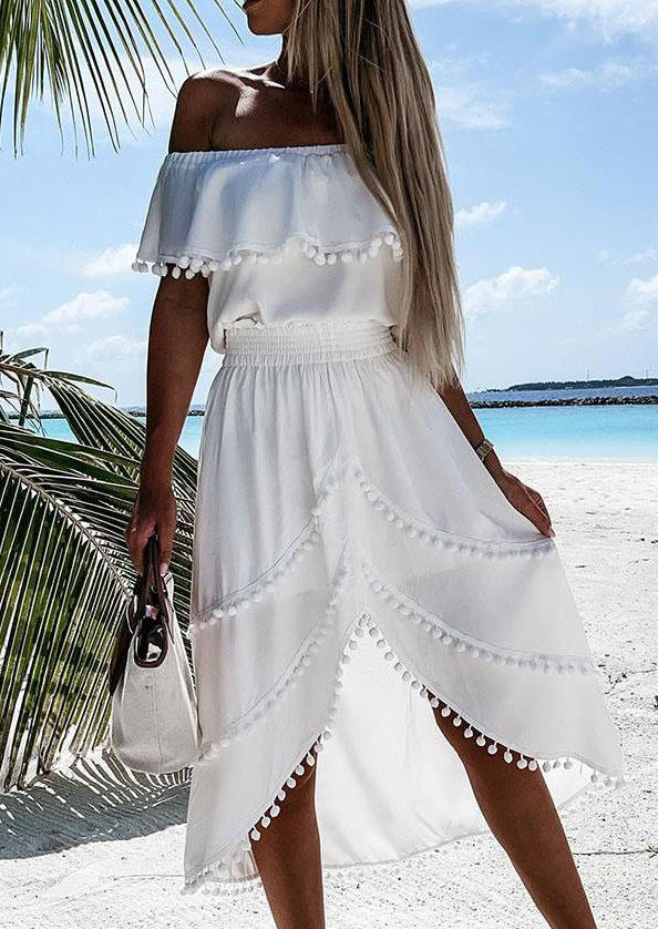 

Pompon Off Shoulder Layered Elastic Waist Midi Dress - White, 510622