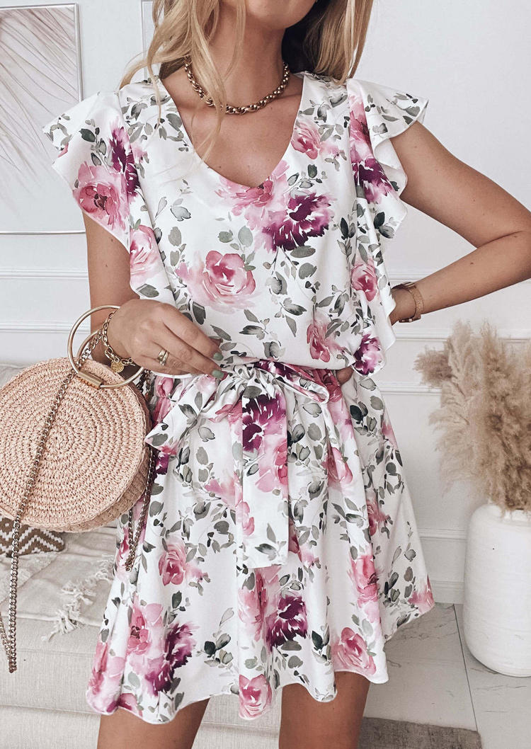 

Floral Ruffled Short Sleeve Mini Dress with Belt, White, 510639