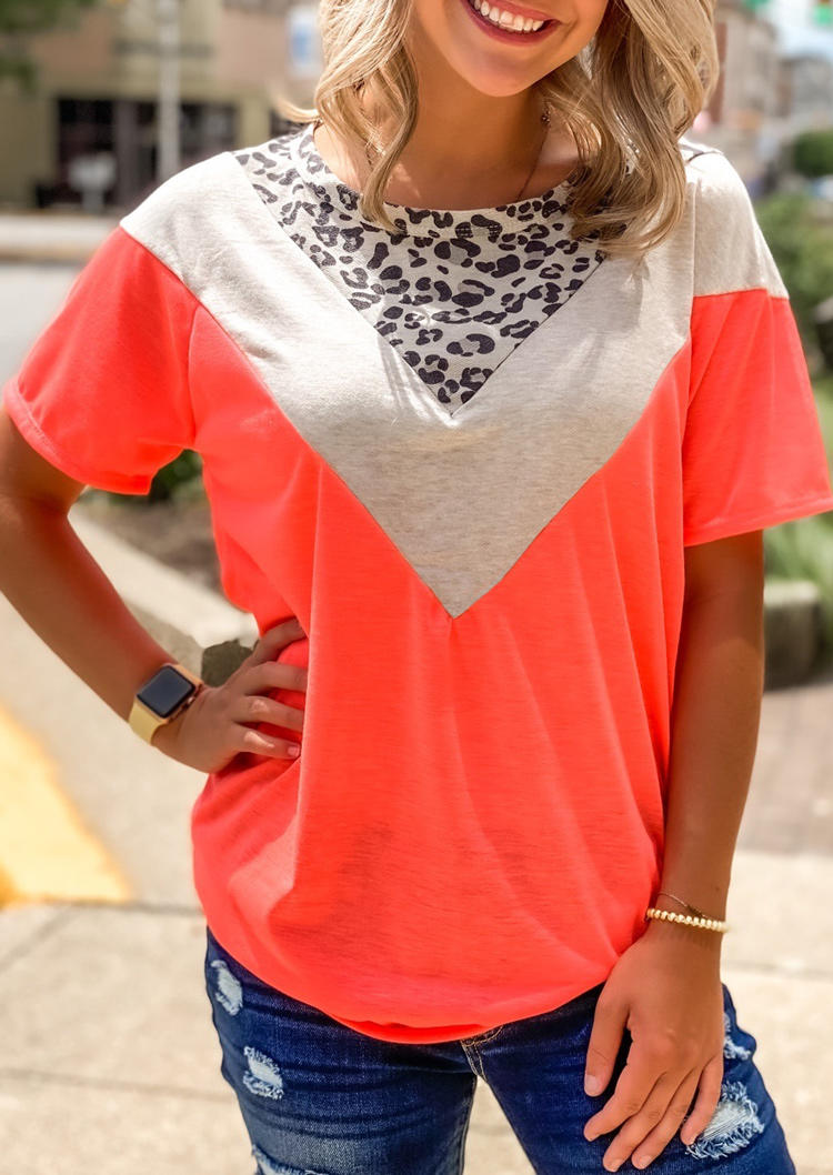 

Leopard Color Block Blouse - Orange, 510700