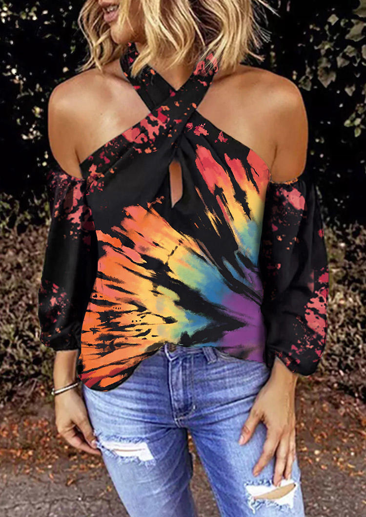 

Reverse Tie Dye Rainbow Cold Shoulder Halter Blouse, Multicolor, 510810