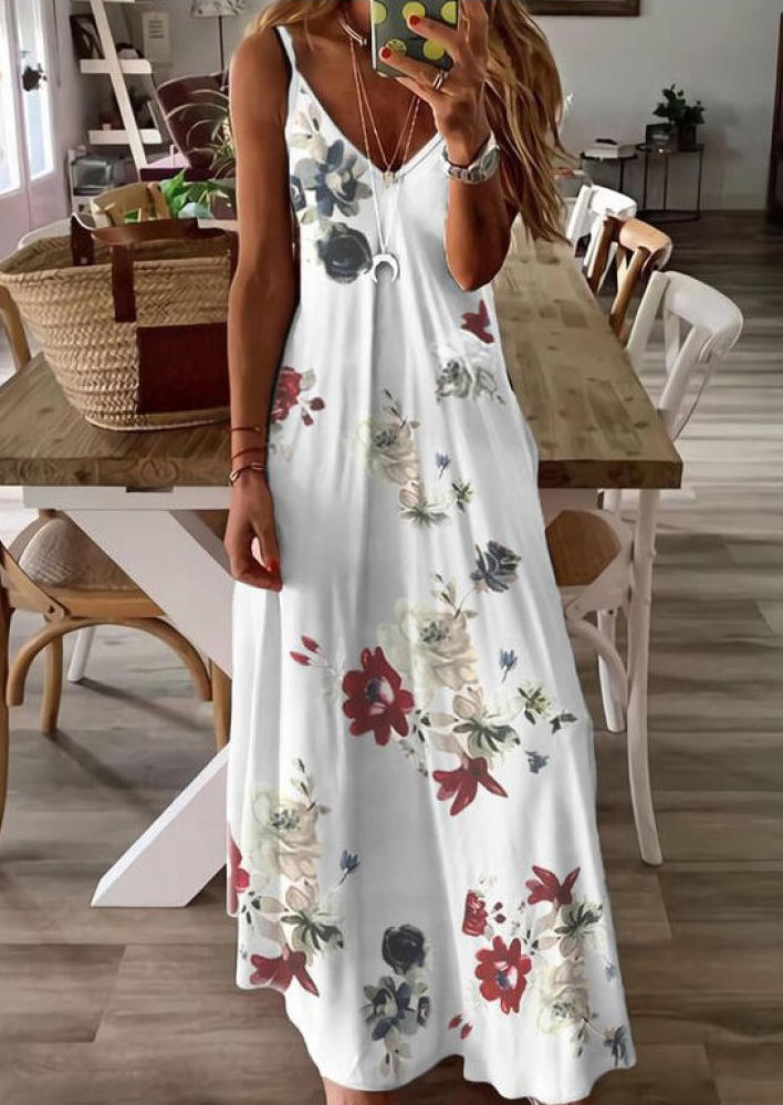 

Floral Spaghetti Strap V-Neck Maxi Dress - White, FZ000982