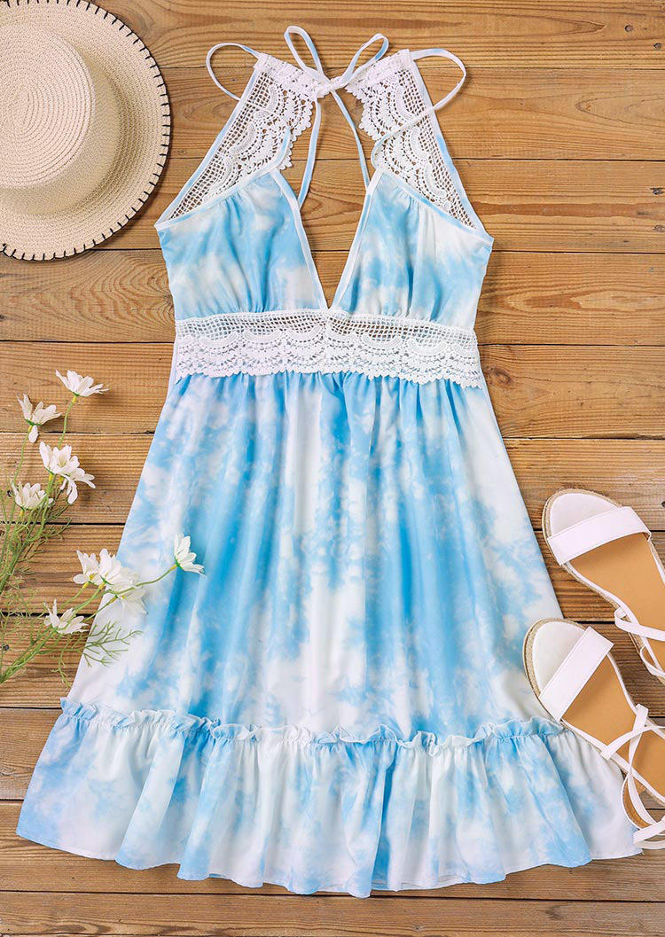 Tie Dye Lace Splicing Open Back Tie Mini Dress