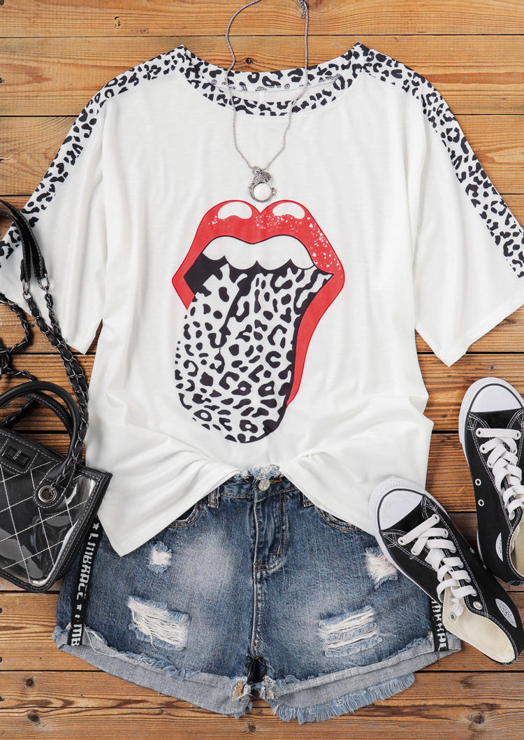 

Leopard Lips O-Neck T-Shirt Tee - White, 509651