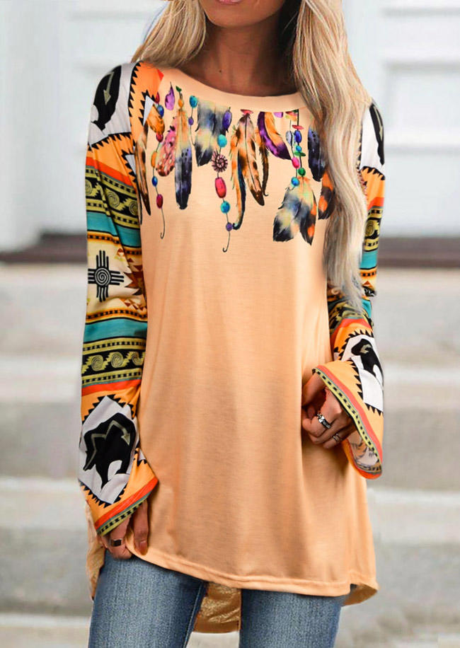 

Feather Aztec Geometric Long Sleeve Blouse - Orange, 510114