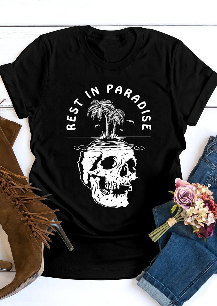 Buy Rest In Paradise Skull O-Neck T-Shirt Tee - Black. Picture