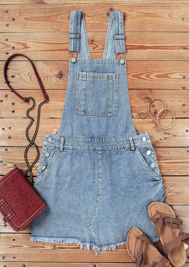 Frayed Hem Pocket Denim Overall Mini Dress - Blue