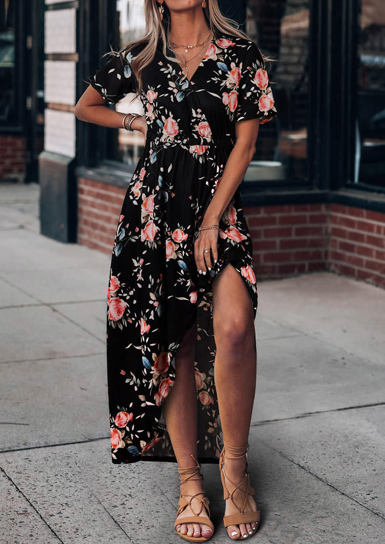 

Floral Asymmetric Slit Elastic Waist V-Neck Maxi Dress - Black, 510480