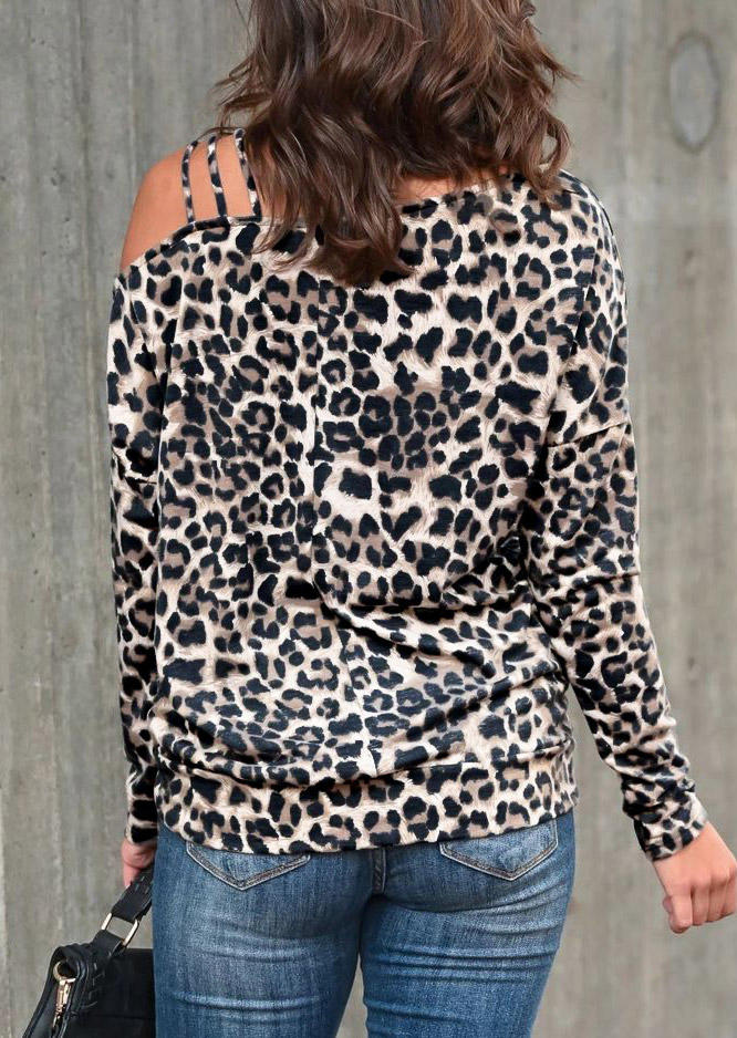 Leopard One Sided Cold Shoulder Long Sleeve Blouse