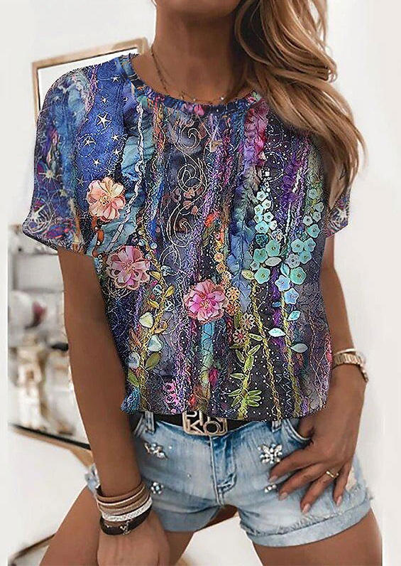 

Floral Star Short Sleeve O-Neck Blouse, Multicolor, 510604