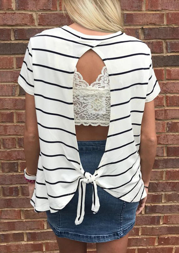 

Striped Hollow Out Open Back Tie Blouse - White, 510657