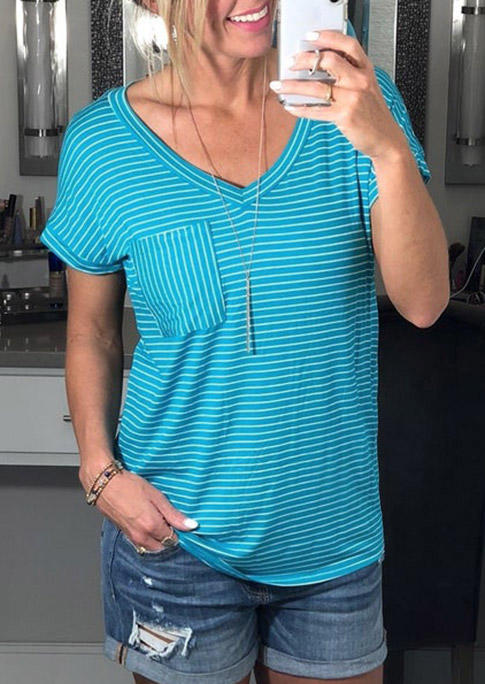 

Striped Pocket V-Neck Casual Blouse - Blue, 510661
