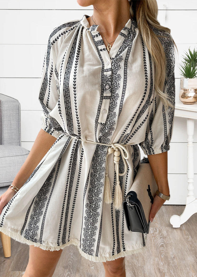 

Bohemian Tassel Elastic Cuff Mini Dress - White, 510695