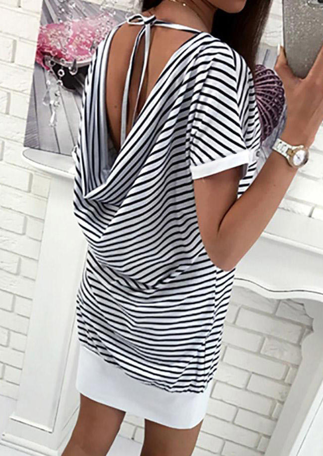 

Striped Open Back Tie Pocket Short Sleeve Mini Dress, Stripe, 510701