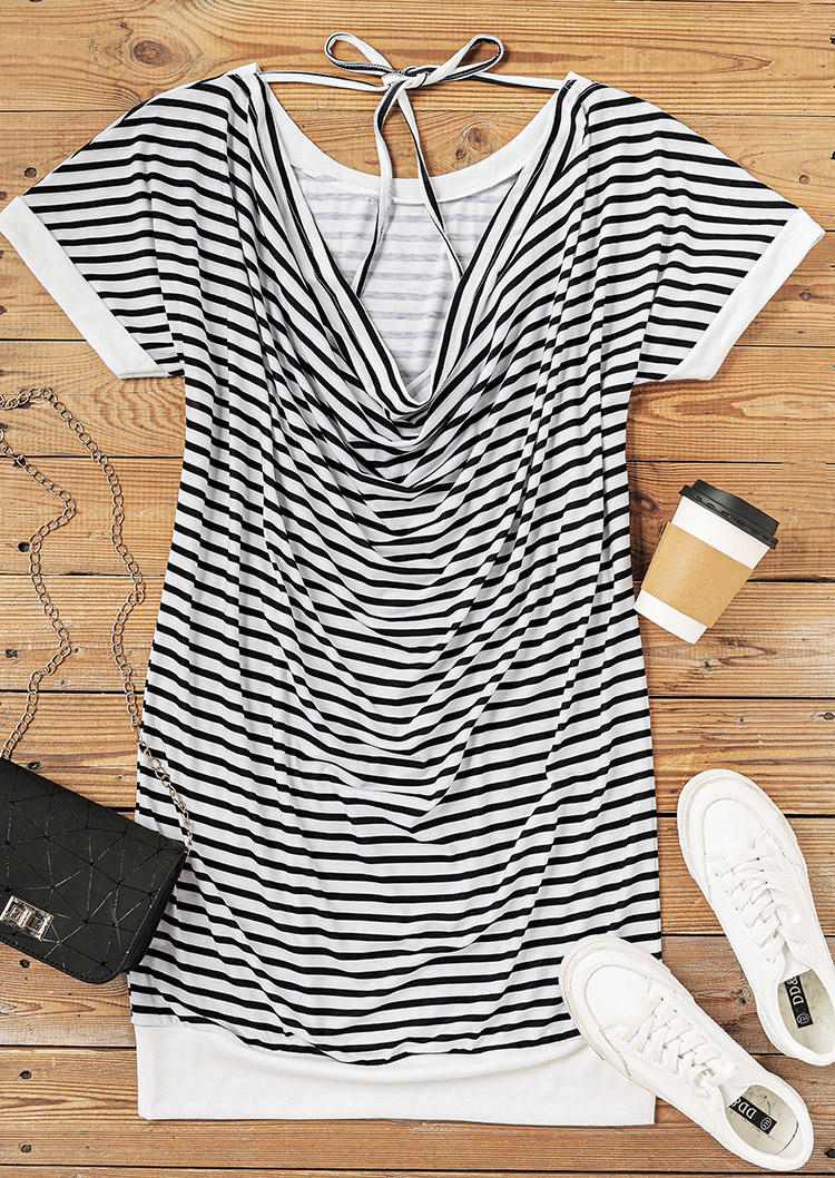 Striped Open Back Tie Pocket Short Sleeve Mini Dress