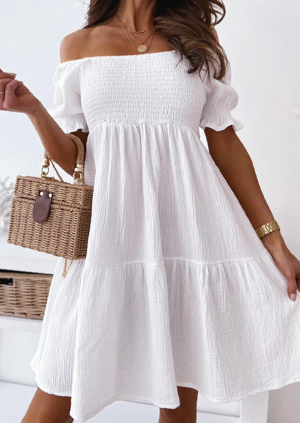 

Ruffled Smocked Short Sleeve Mini Dress - White, 510718