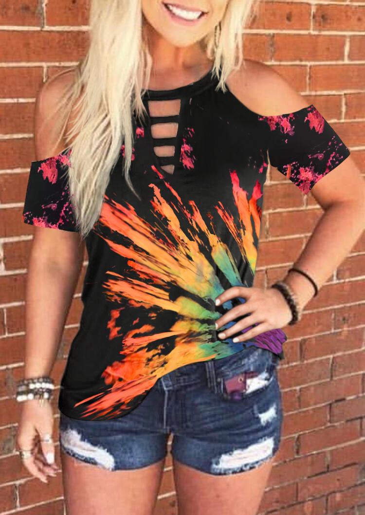 

Reverse Tie Dye Rainbow Cold Shoulder Keyhole Neck Blouse, Multicolor, 510800