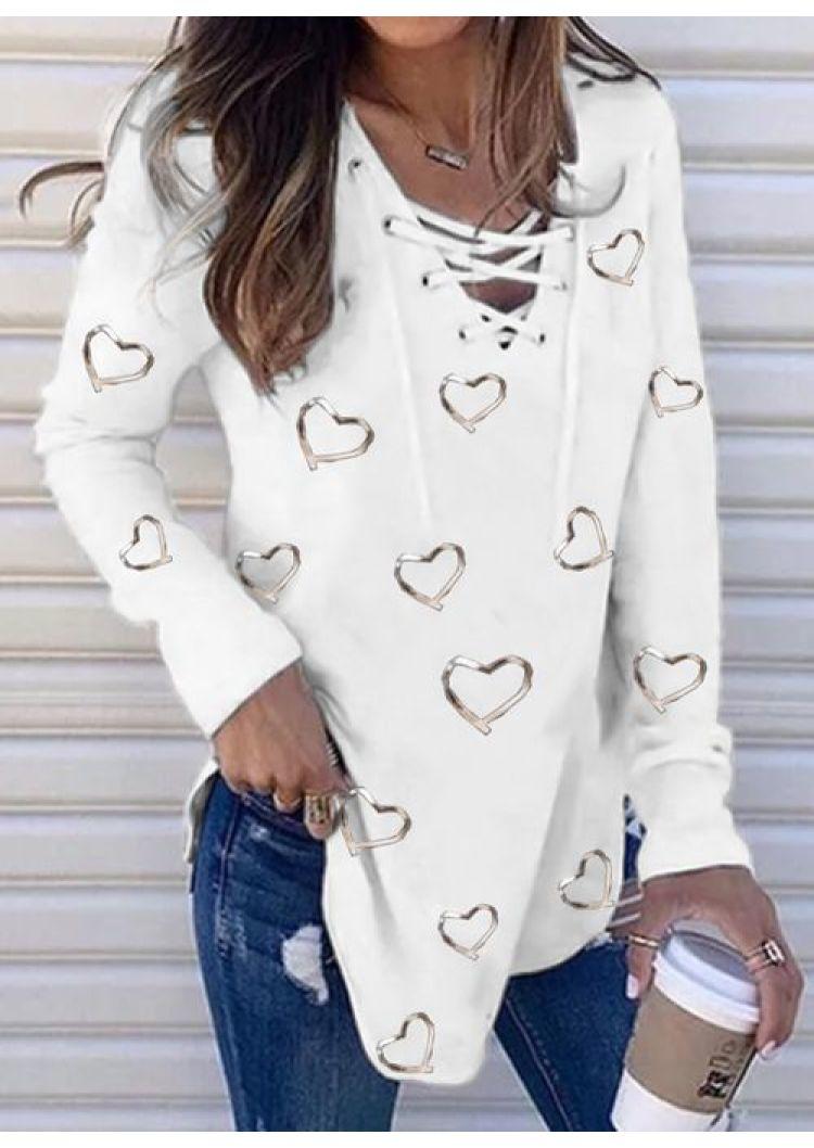 

Love Heart Lace Up Long Sleeve Blouse - White, FZ002102