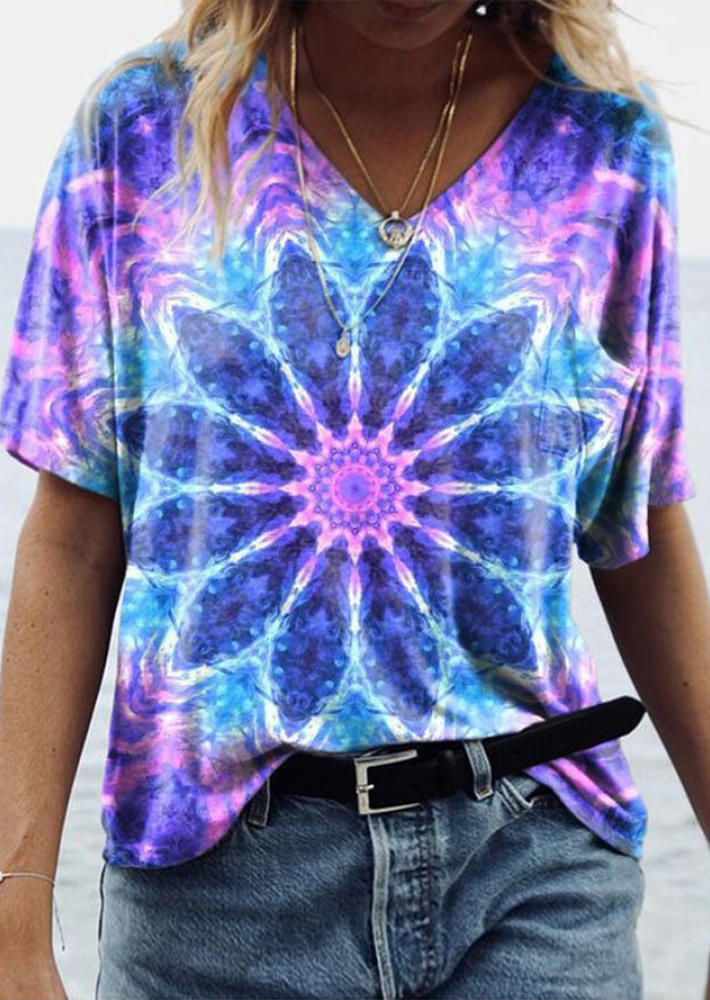 

Mandala Tie-Dye V-Neck Casual Blouse - Purple, FZ001924