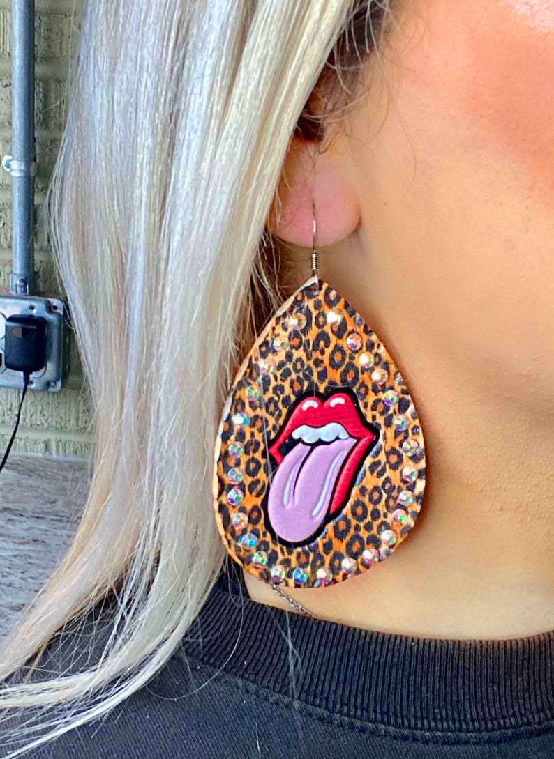 

Leopard Lips Rhinestones Water Drop PU Leather Earrings, 509206