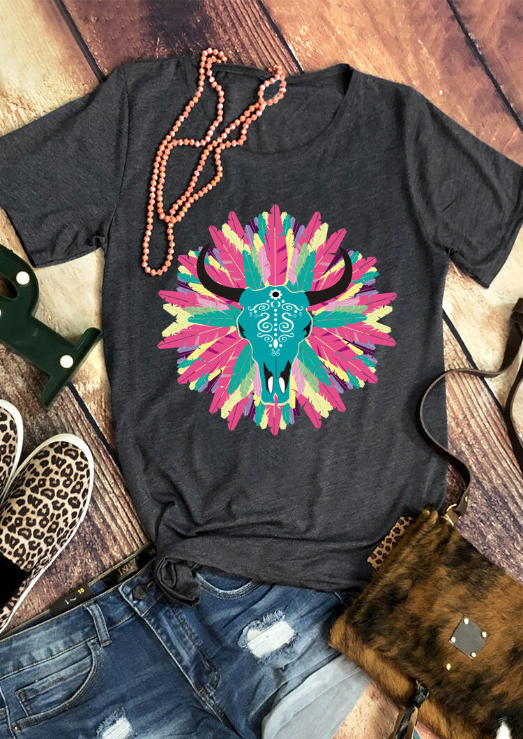 

Western Feather Steer Skull T-Shirt Tee - Dark Grey, 510309