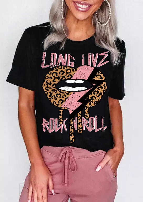 

Long Live Rock N Roll Leopard Lip T-Shirt Tee - Black, 510334