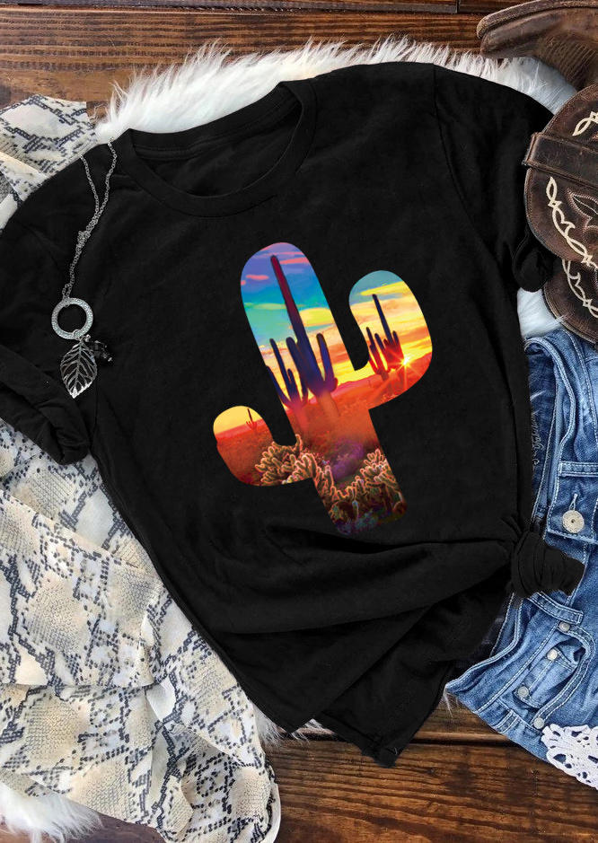 Western Cactus Short Sleeve O-Neck T-Shirt Tee - Black, 510412