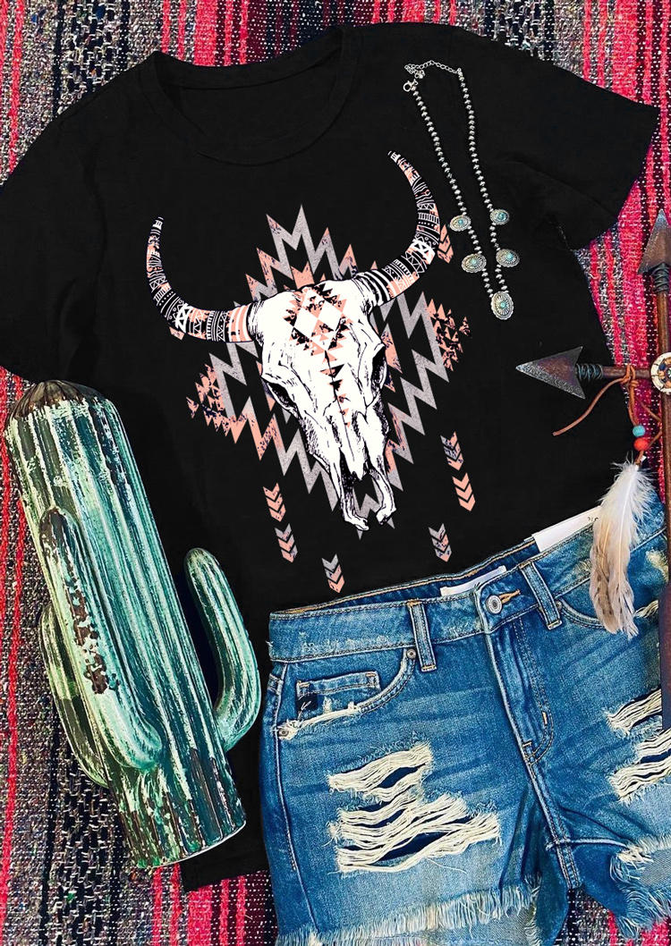 

Aztec Geometric Steer Skull T-Shirt Tee - Black, 510429