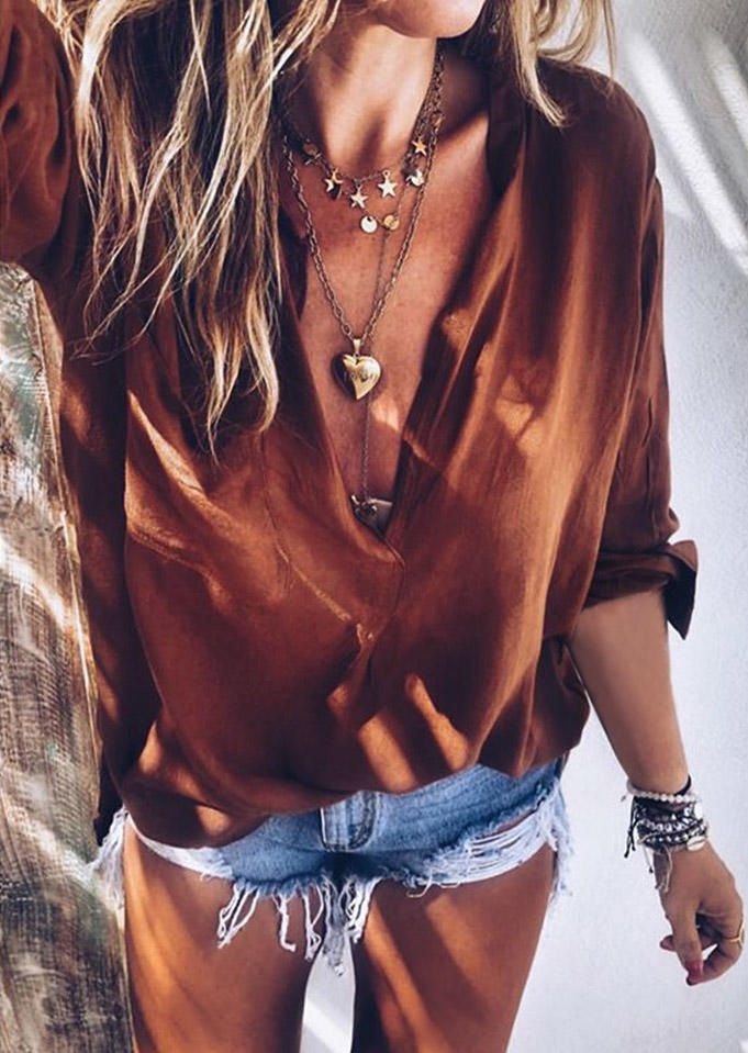 

Pocket Long Sleeve Deep V-Neck Blouse - Brick Red, 510503