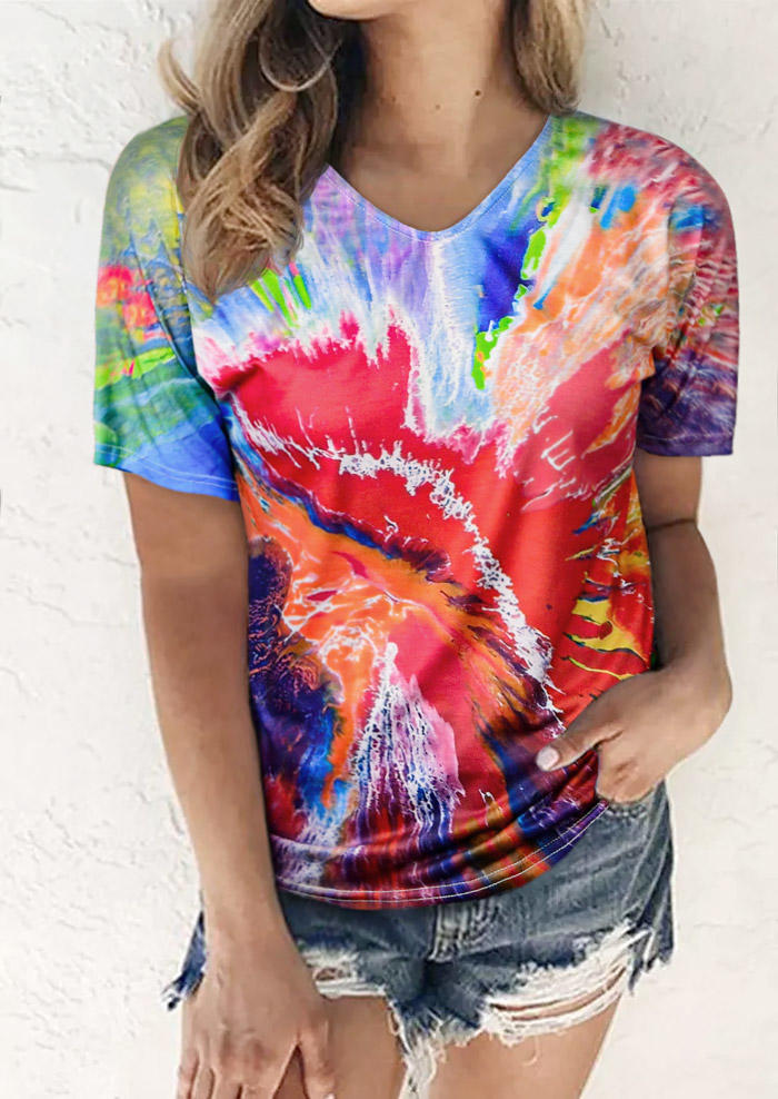 

Colorful Abstract Painting Tie Dye V-Neck Blouse, Multicolor, 510560