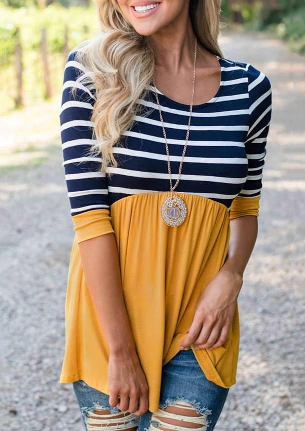 

Striped Ruffled Three Quarter Sleeve O-Neck Blouse, Multicolor, 510651