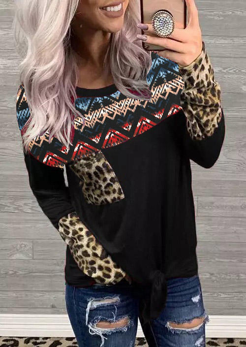 

Leopard Splicing Pocket Casual Blouse - Black, 510711