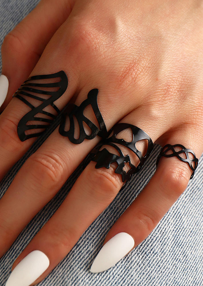 

5Pcs Hollow Out Heart Star Open Adjustable Ring Set - Black, 510721