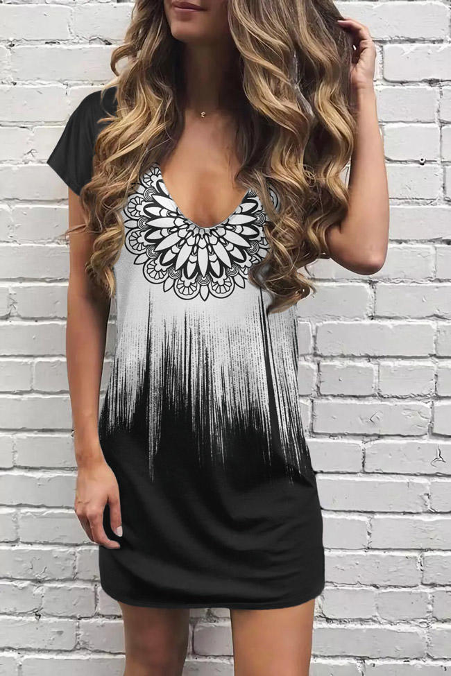 

Vintage Floral Raglan Sleeve V-Neck Mini Dress - Black, 510756