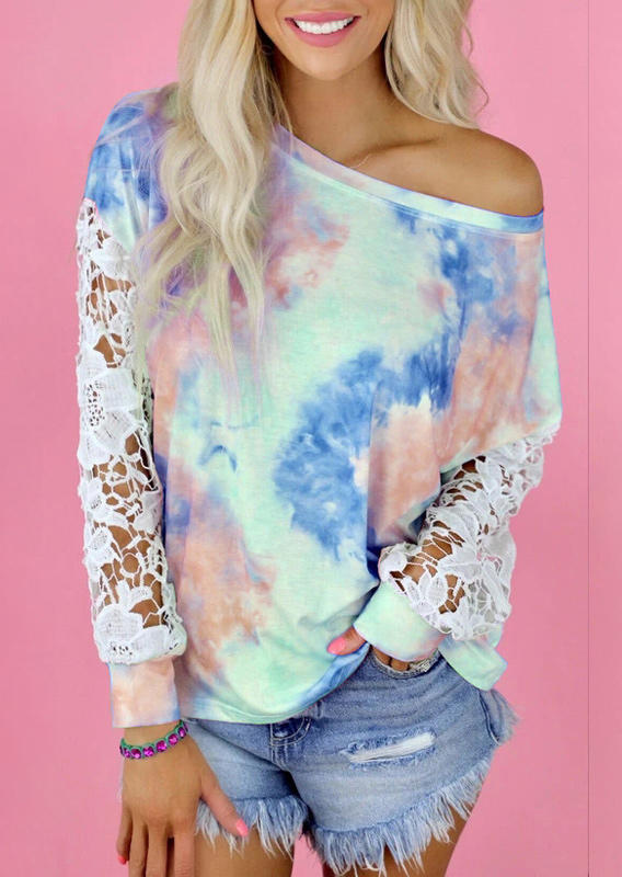 

Tie Dye Lace Splicing Long Sleeve Blouse, Multicolor, 510830