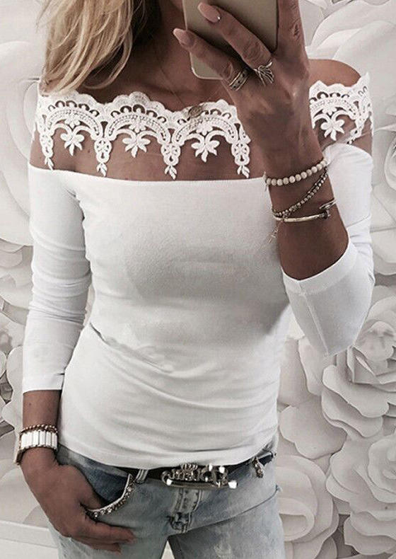 

Lace Off Shoulder Long Sleeve Blouse - White, 510862