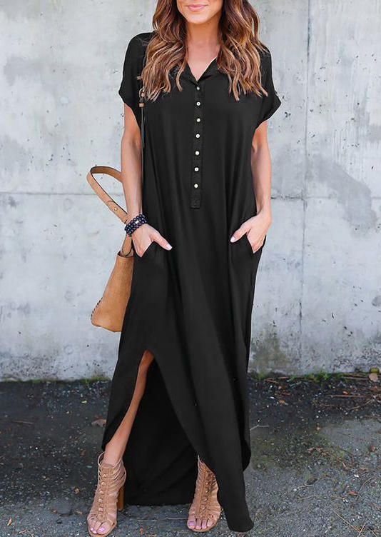 

Button Slit Pocket Short Sleeve Maxi Dress - Black, 510942