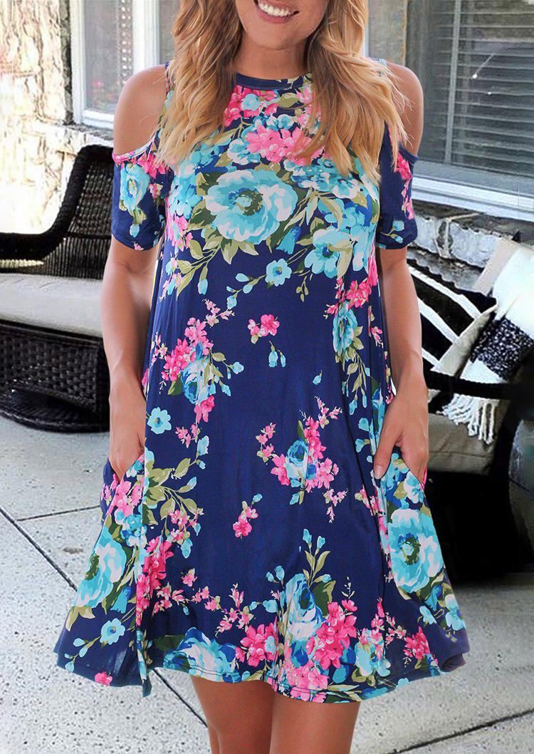 

Floral Pocket Cold Shoulder Mini Dress - Navy Blue, 510321