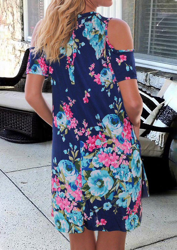 Floral Pocket Cold Shoulder Mini Dress - Navy Blue