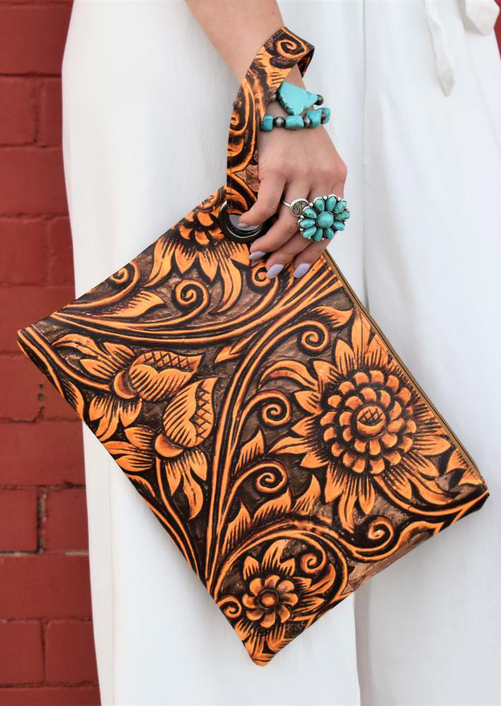 

Sunflower Buckstitch Clutch Bag, Brown, 510366